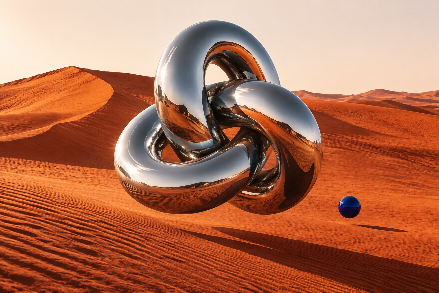 A monumental reflective knot sculpture in a surreal orange desert beside a cobalt sphere